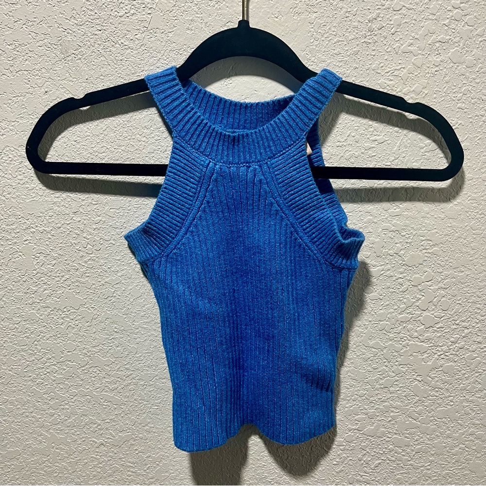 Buckle Willow & Root Blue Halter Neck Cropped Ribbed Sweater Knit Top